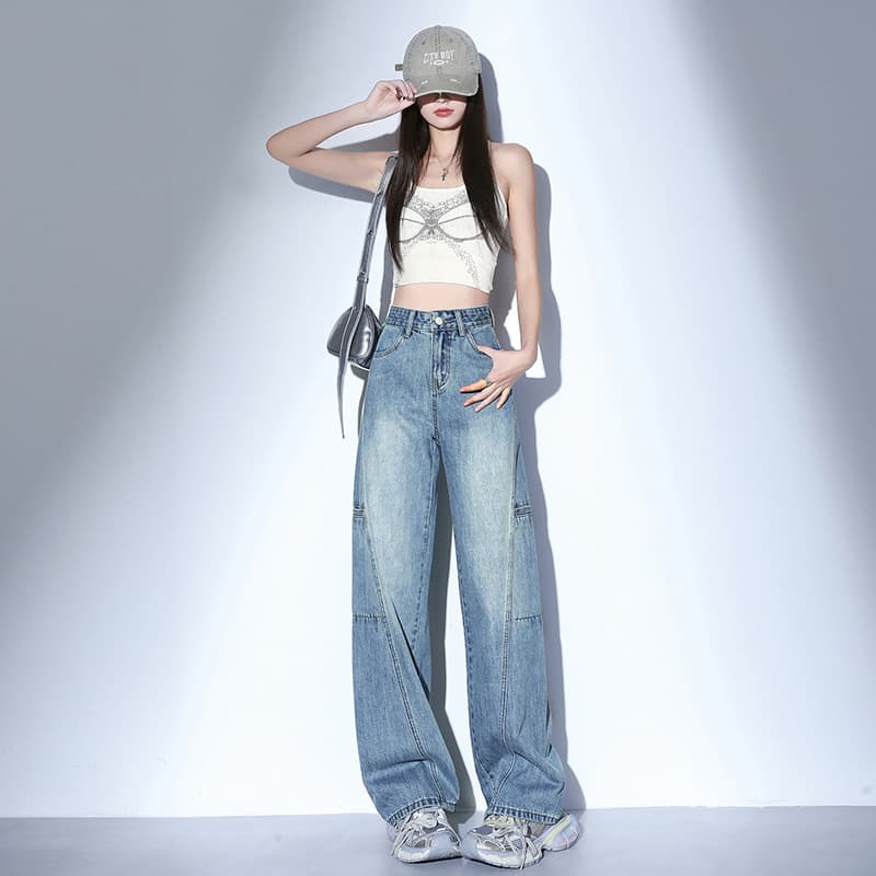 きれいめカジュアル 膝切替ステッチワイドストレートデニムパンツ