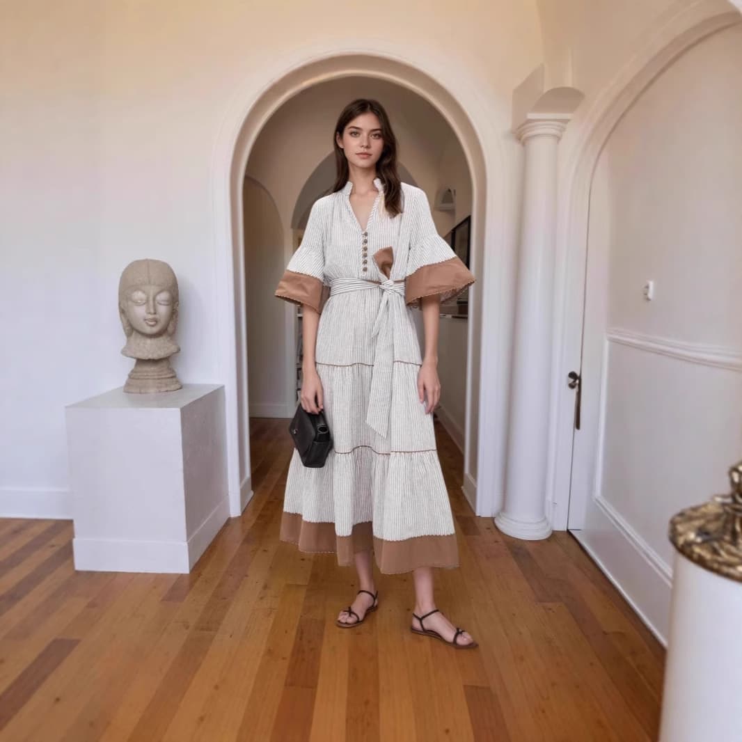 きれいめカジュアル 優美フレア袖ティアードワンピース