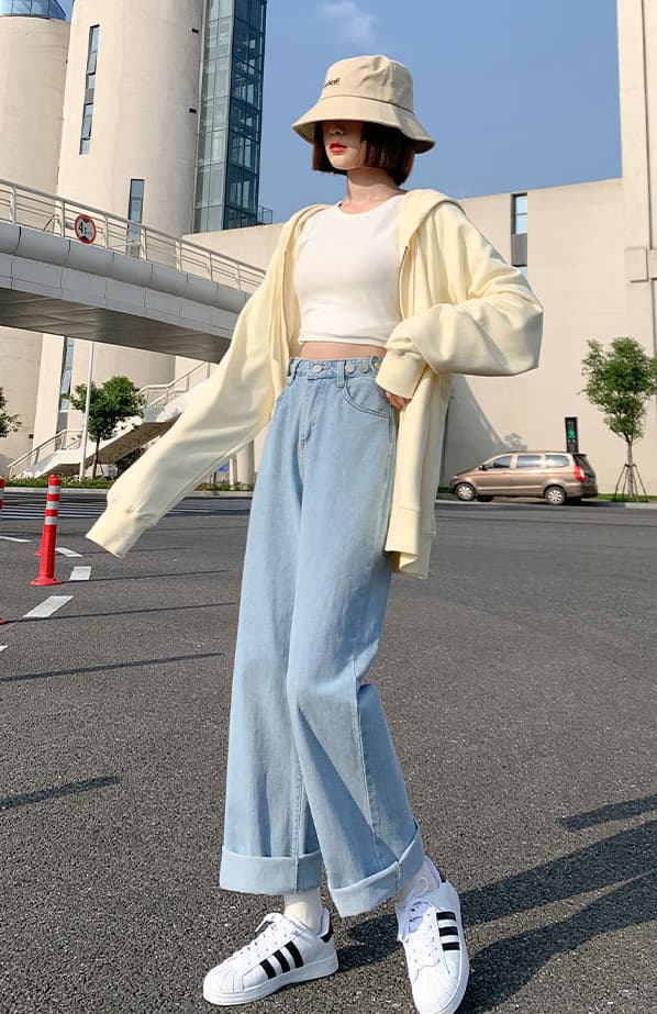きれいめカジュアル レディース ハイウエスト ゆったり デニム ワイド パンツ