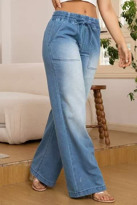 きれいめカジュアル ゆったりワイドシルエット紐付きデニムパンツ