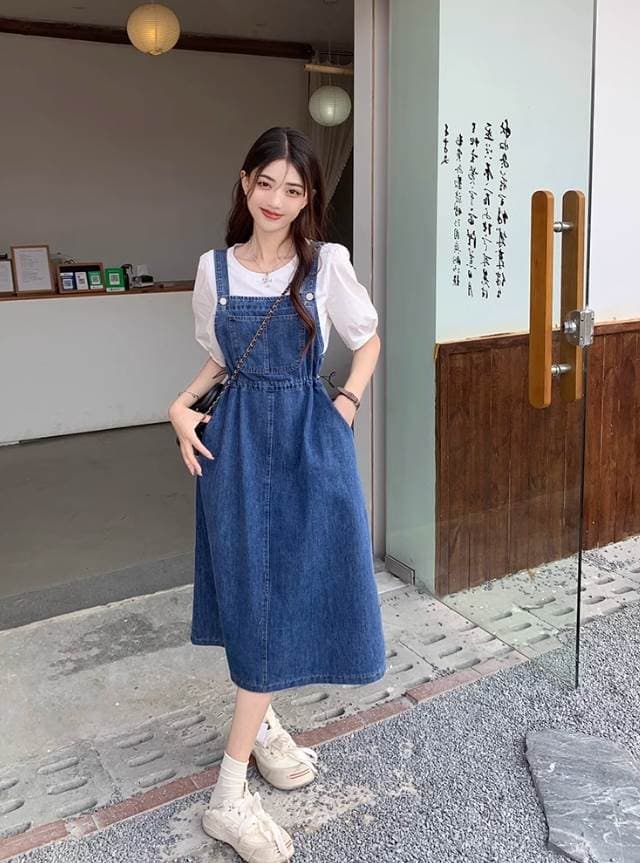 きれいめカジュアル デニムジャンパースカートワンピース膝下丈