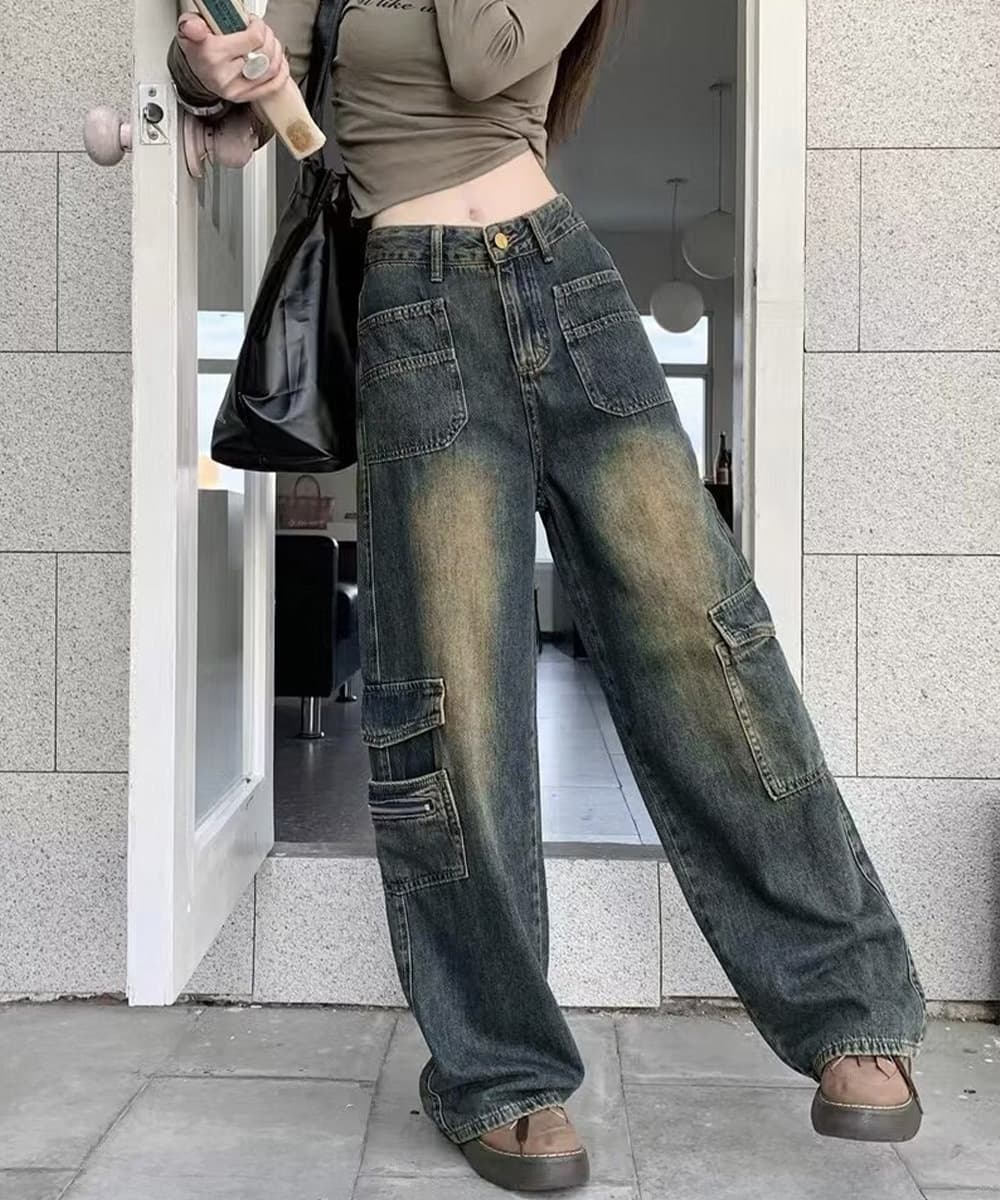 きれいめカジュアル レディース ヴィンテージ デニム カーゴパンツ ワイド