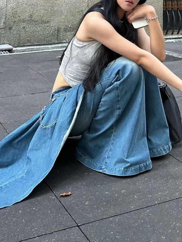 きれいめカジュアル レイヤード デニム ワイドパンツ 重ね着風 ボトムス