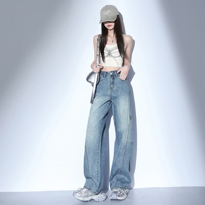 きれいめカジュアル 膝切替ステッチワイドストレートデニムパンツ