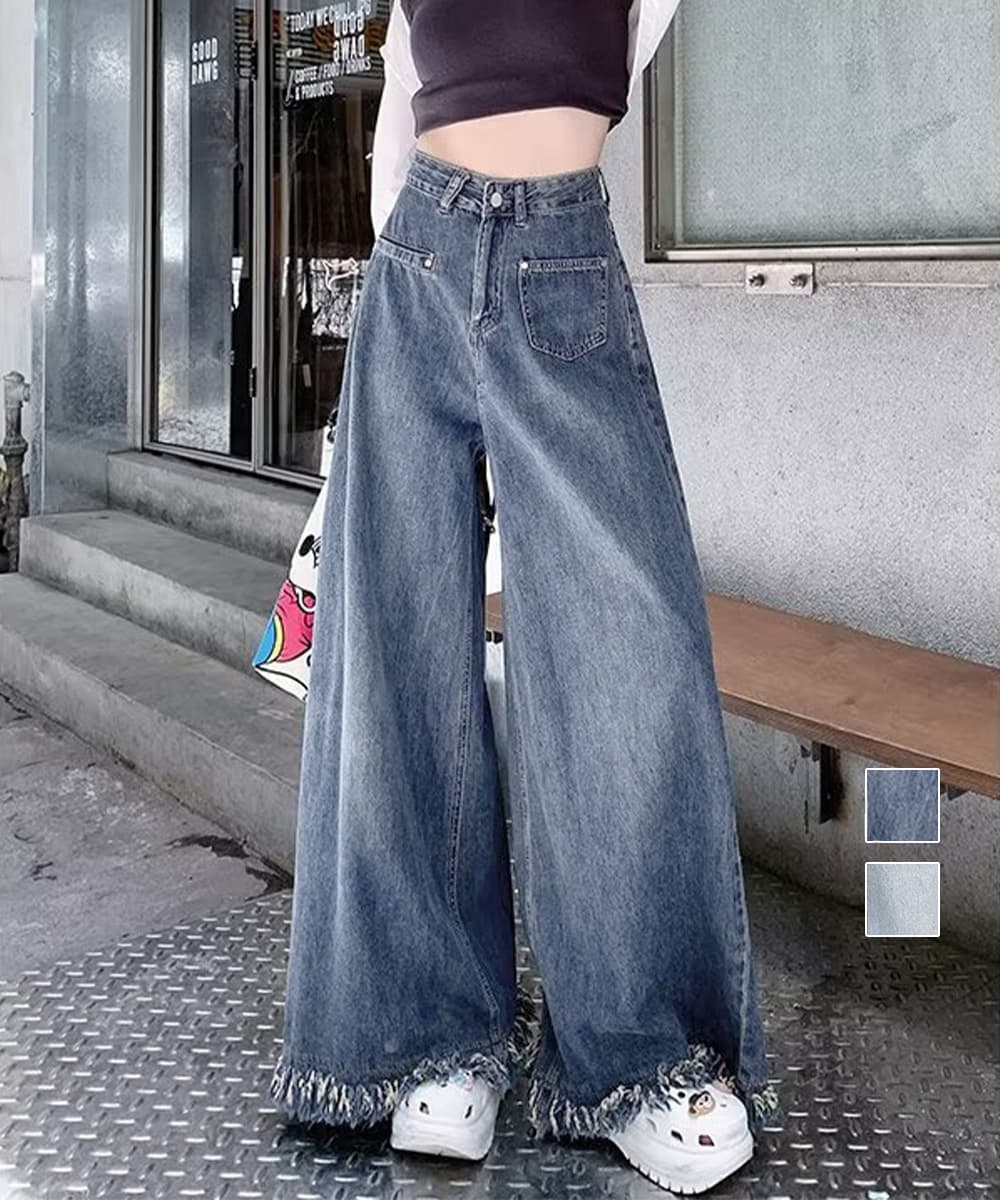 きれいめカジュアル 裾フリンジ ワイドデニムパンツ 美脚