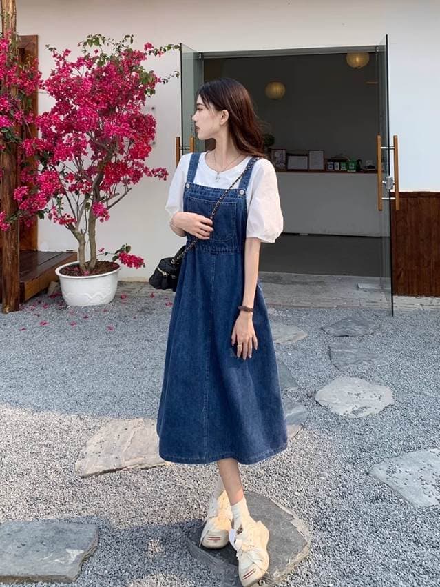 きれいめカジュアル デニムジャンパースカートワンピース膝下丈