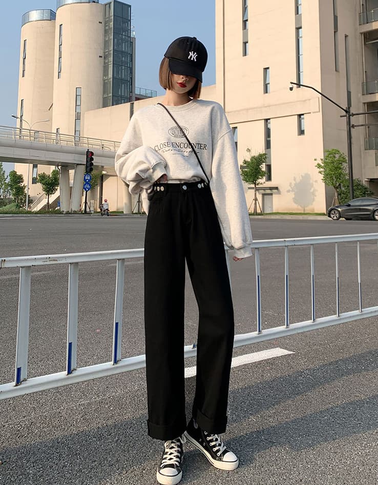きれいめカジュアル レディース ハイウエスト ゆったり デニム ワイド パンツ
