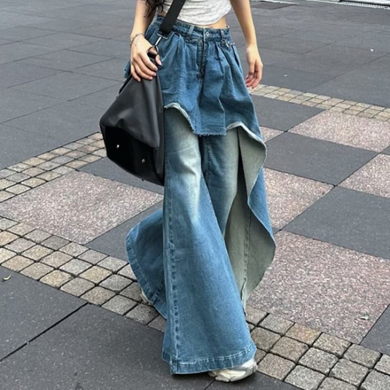 きれいめカジュアル レイヤード デニム ワイドパンツ 重ね着風 ボトムス