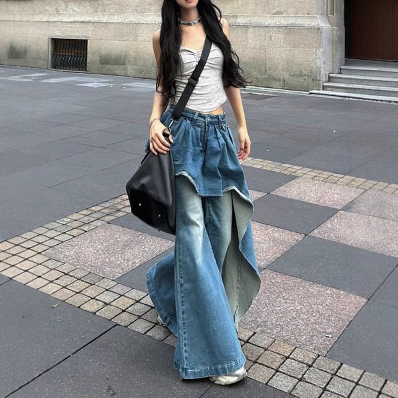 きれいめカジュアル レイヤード デニム ワイドパンツ 重ね着風 ボトムス
