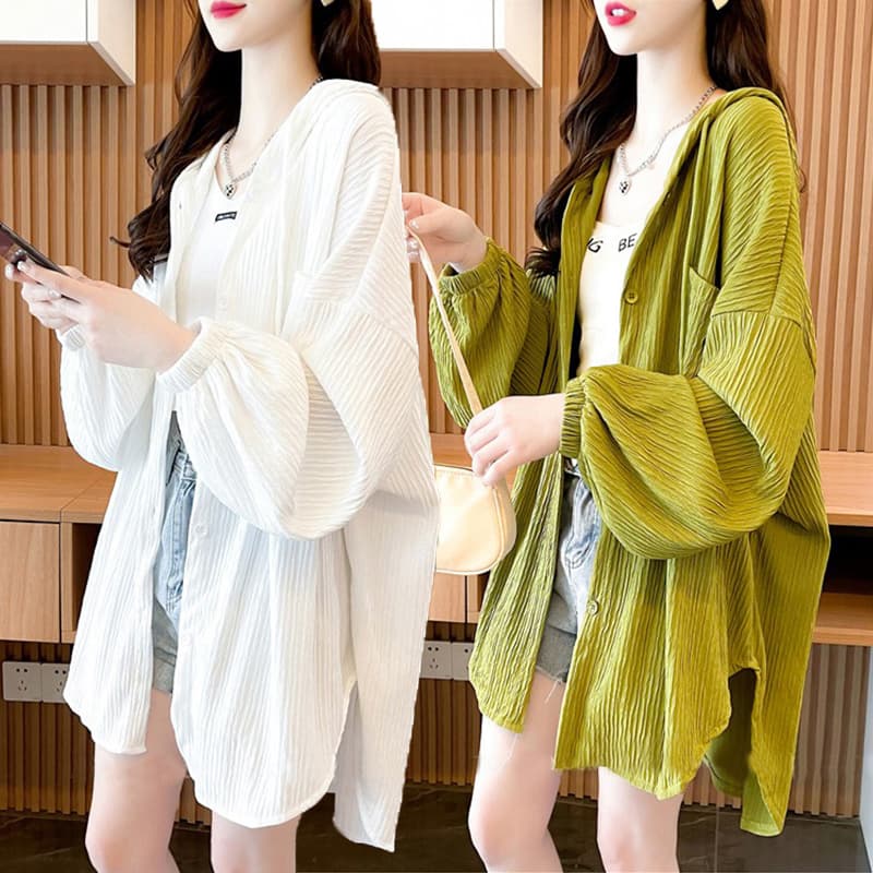 きれいめカジュアル 優美リブ編みフード付きロングパーカー