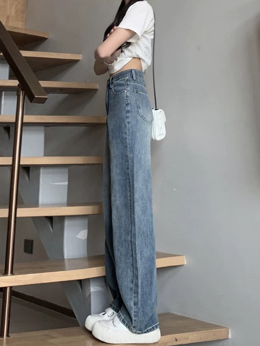 きれいめカジュアル ハイウエストワイドレッグ長丈デニムパンツ