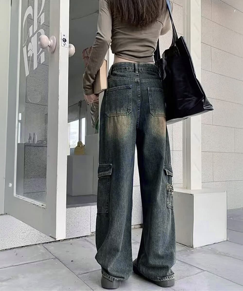 きれいめカジュアル レディース ヴィンテージ デニム カーゴパンツ ワイド